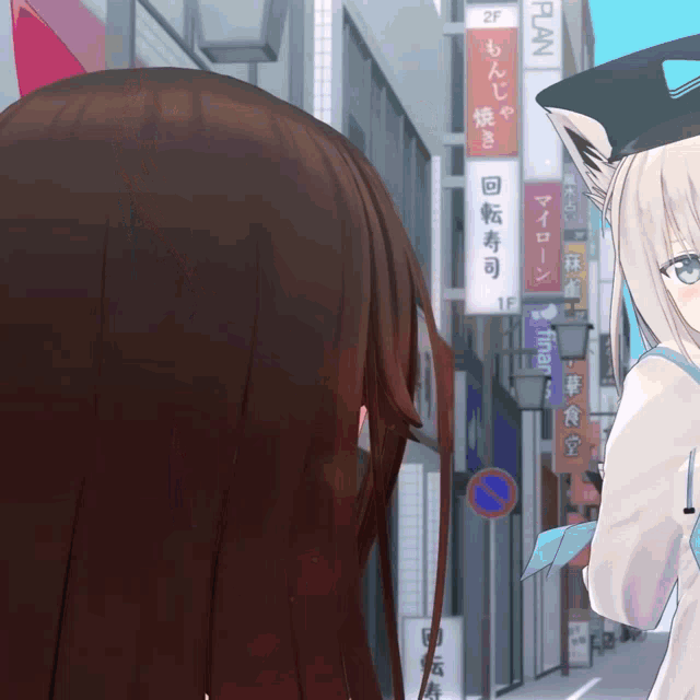 two anime girls are standing in front of a sign that says pan on it