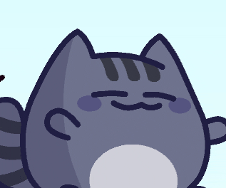 a cartoon drawing of a cat with its eyes closed and a purple nose