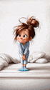 a cartoon girl is standing on a bed wearing blue pajamas and socks .
