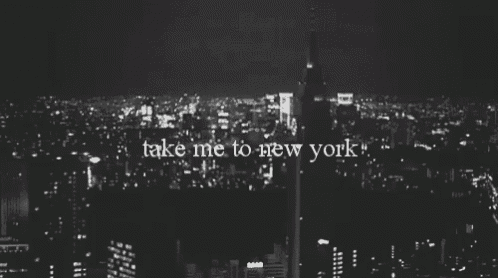 a black and white photo of a city with the words take me to new york