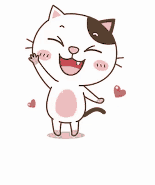 a cartoon cat with hearts around it is smiling and laughing