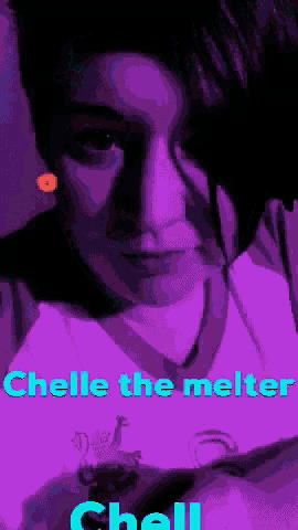 a woman in a purple shirt with the words " chelle the melter " on the bottom