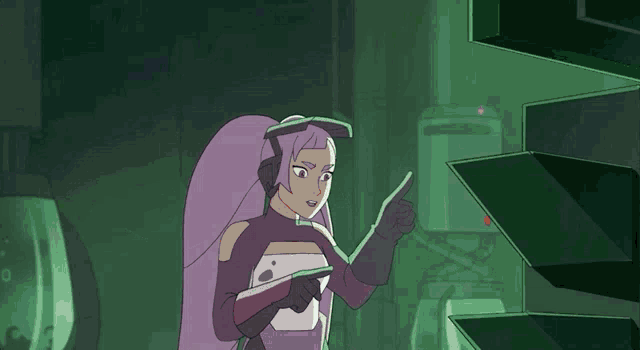 a cartoon character with purple hair and gloves is pointing at something