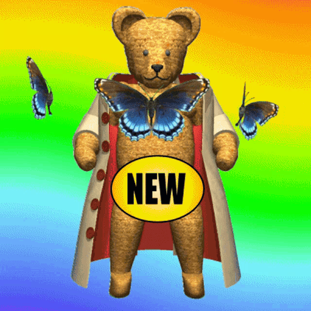 a teddy bear with a butterfly on his chest has a yellow circle with the word new on it