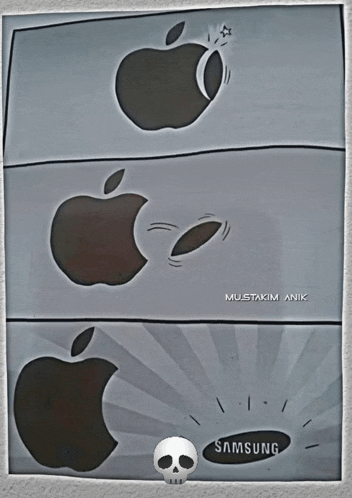 a black and white drawing of an apple being smashed by a samsung