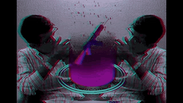 a man in a plaid shirt is smoking a cigarette in front of a purple object