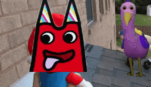 a red cat with a party hat on is standing next to a purple flamingo on a roof