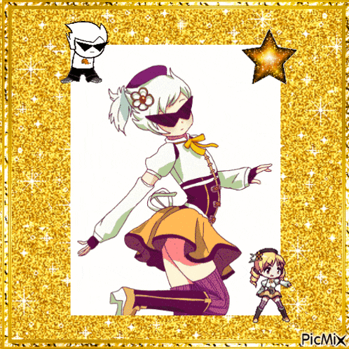 a picture of a girl with sunglasses and a flower on her head is surrounded by gold glitter and a star