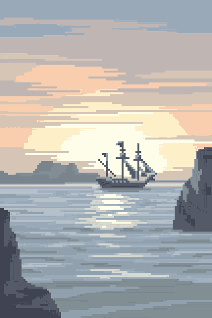 a pixel art painting of a ship in the ocean at sunset