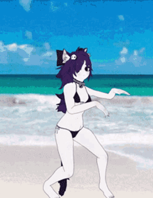 a cartoon character in a bikini is dancing on the beach