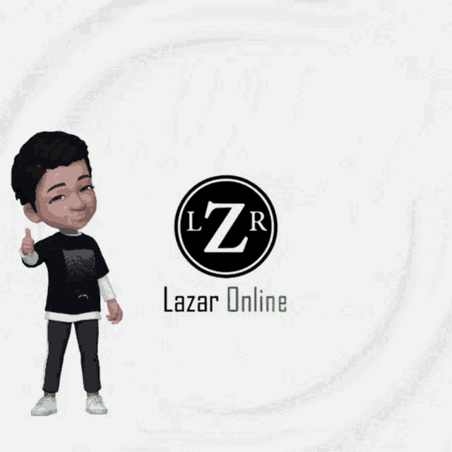 a cartoon character is standing in front of a lazer online logo