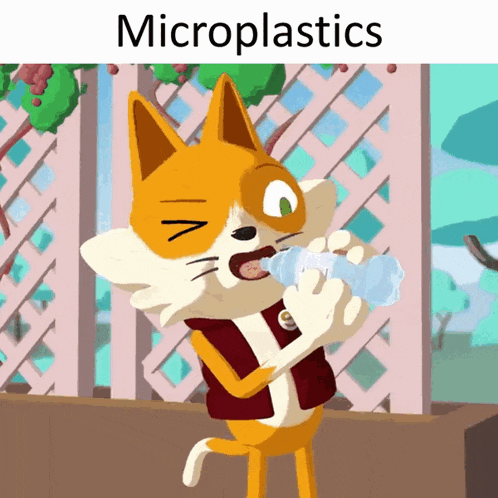 a cartoon cat drinking water from a plastic bottle with the words microplastics above him