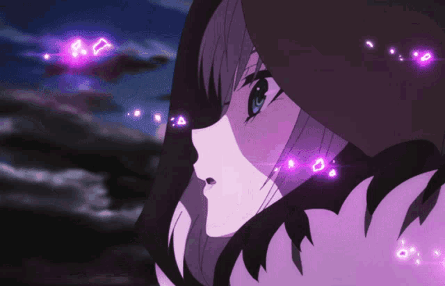 a girl in a hooded jacket with purple lights around her