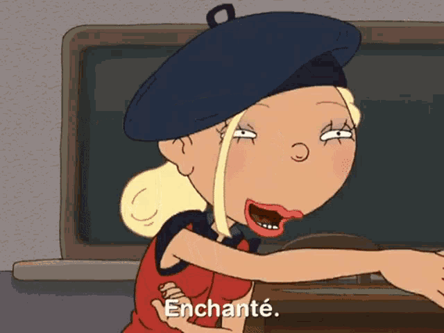 a cartoon character says " enchante " in front of a chalkboard