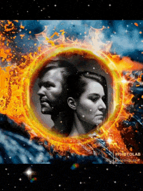 a picture of a man and a woman in a circle of fire