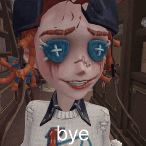 a close up of a cartoon character with the word bye in the corner