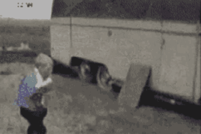 a man in a blue shirt is standing in front of a trailer with the letter m on it