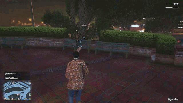 a screenshot of a video game shows a man aiming a gun at a woman on a bench