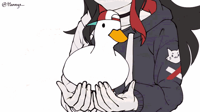 a cartoon of a girl holding a duck with a hat on .