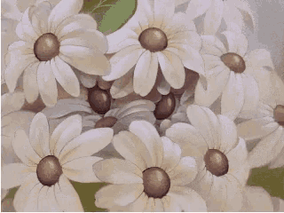 a close up of a cartoon character 's eyes behind a bunch of flowers