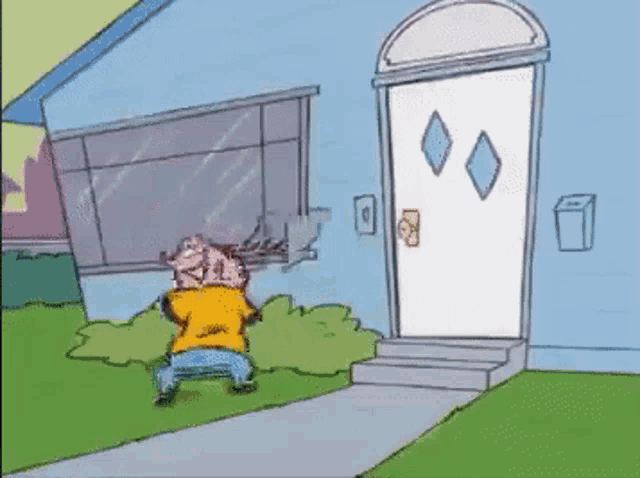 a cartoon character standing in front of a house with a white door