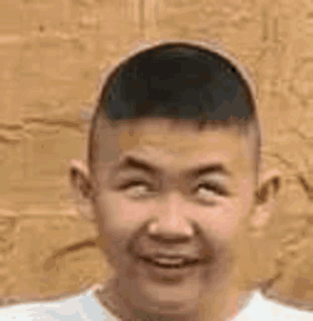 a young man is smiling and looking at the camera while wearing a white shirt .