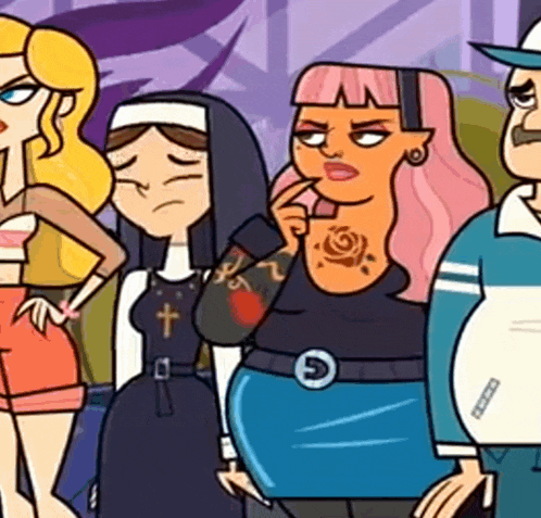 a group of cartoon characters are standing next to each other including a nun and a man