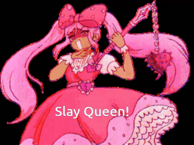 a girl in a pink dress holding a sword and the words slay queen below her