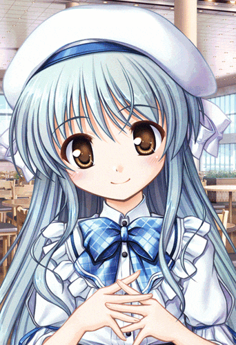 a girl with long white hair and a blue bow on her shirt