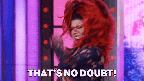 a woman with red hair is dancing and saying that 's no doubt !