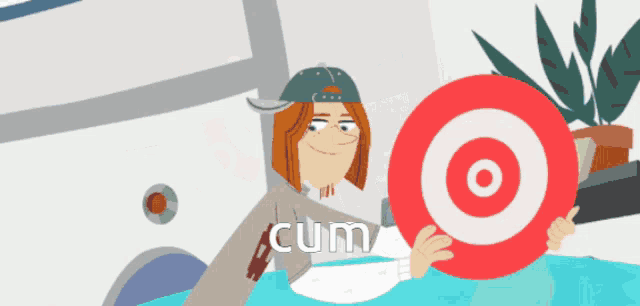 a cartoon of a man holding a target with cum written on the bottom