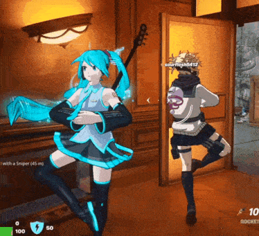 a screenshot of a video game with hatsune miku and a sniper