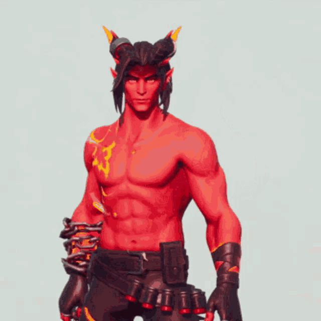 a shirtless red devil with horns and a chain around his arm