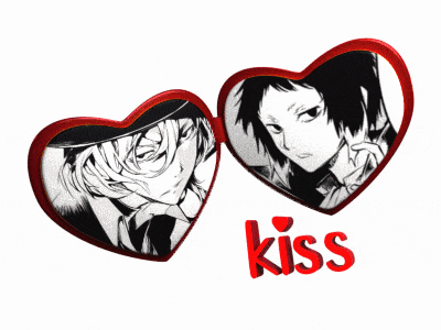 a couple of hearts with the word kiss in red