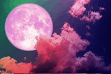 a purple full moon is surrounded by pink clouds in the night sky