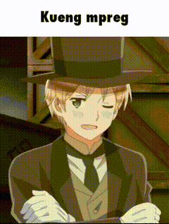 a man wearing a top hat and a suit with the words kueng mpreg on the bottom