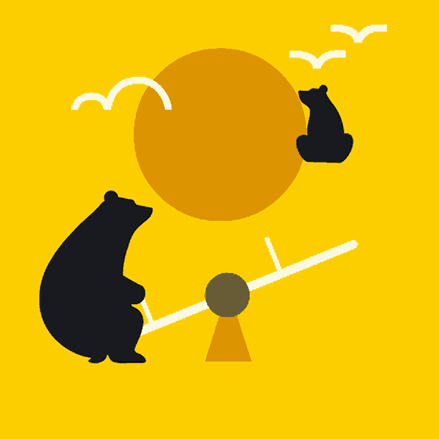 two bears sitting on a seesaw in front of a sun