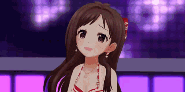 a girl with long brown hair is wearing a red bandana and earrings