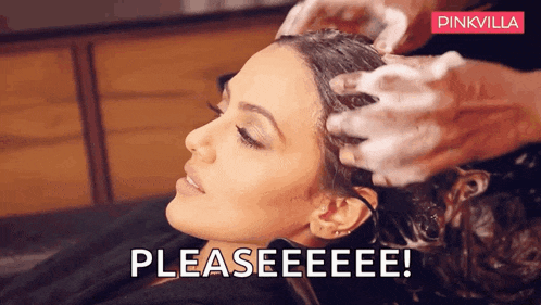 a woman is getting her hair washed in a salon and the caption says pleaseeeee