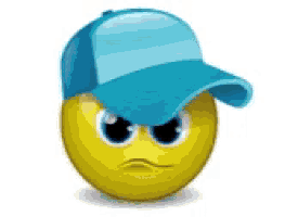 a smiley face wearing a blue hat with a sad look on his face