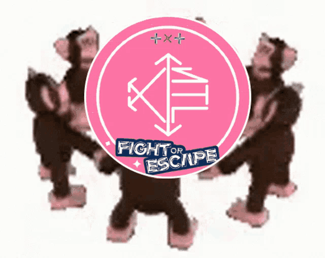 a group of monkeys are dancing in front of a pink logo that says fight or escape