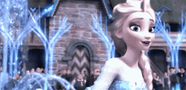 elsa from frozen is standing in front of a brick building