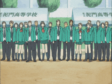a group of people are standing in front of a sign that says ' a ' on it