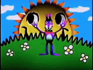 a cartoon character standing in front of a sun