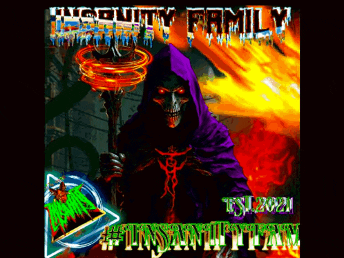 a poster for the insanity family shows a grim reaper holding a staff