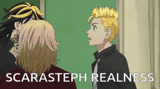 two anime characters are standing next to each other and the words scarasteph realness are written on the bottom