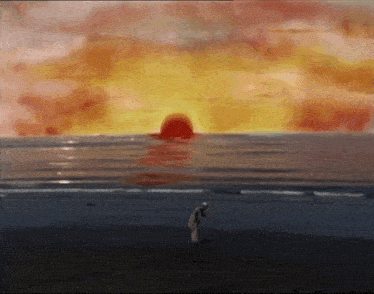 a painting of a sunset over the ocean with a man in the foreground