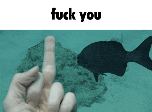 a picture of a fish and a person giving the middle finger