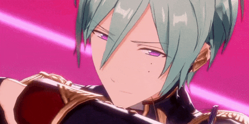 a close up of a anime character with green hair and purple eyes .