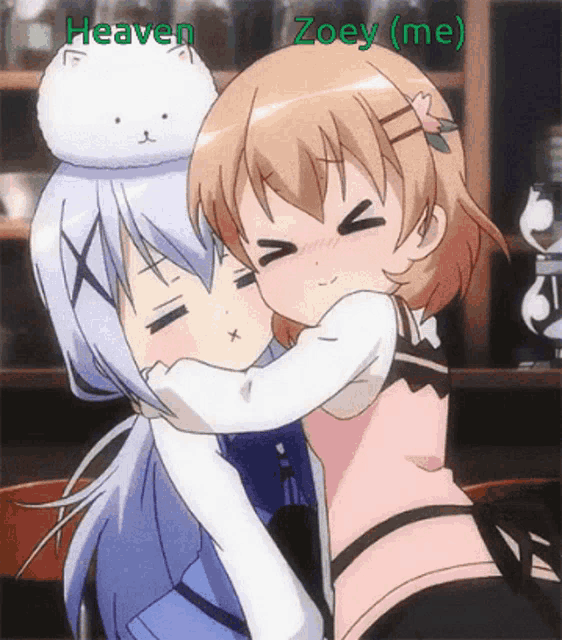 two anime girls hugging each other with the words heaven zoey ( me ) on the bottom